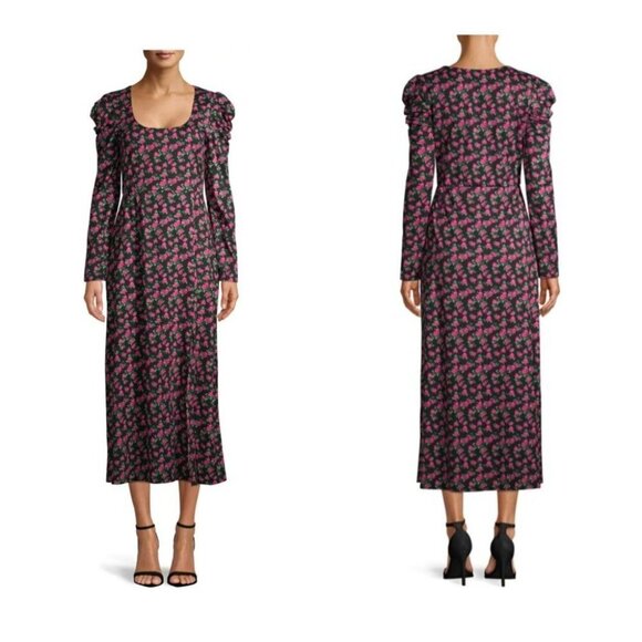 NWT AFRM Revolve Floral Pink Rose y2k Granny Ruched Shoulder Midi Dress  S - Picture 1 of 11